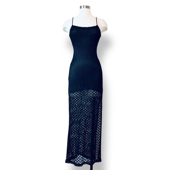 Vintage Black Mercury Lace Chevron Sheer High Slit Maxi Dress S Bodycon - Picture 2 of 8